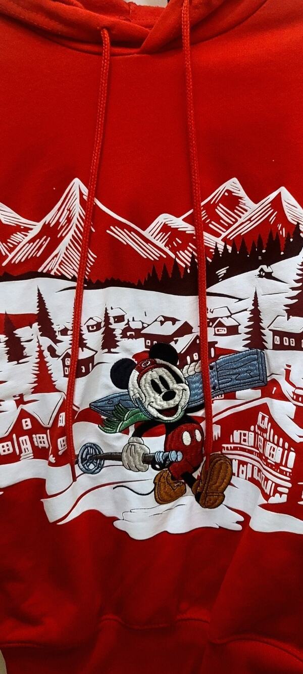 Disney Mickey Mouse Hoodie Red Winter Ski Village Holiday Sweatshirt NWOT S